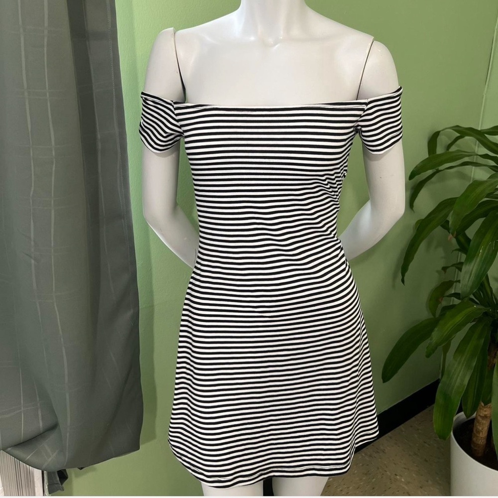 Black and White Striped Off-Shoulder Mini Dress